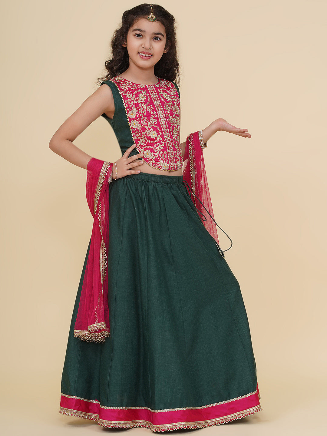 girls pink embroidered choli green ready to wear lehenga with dupatta