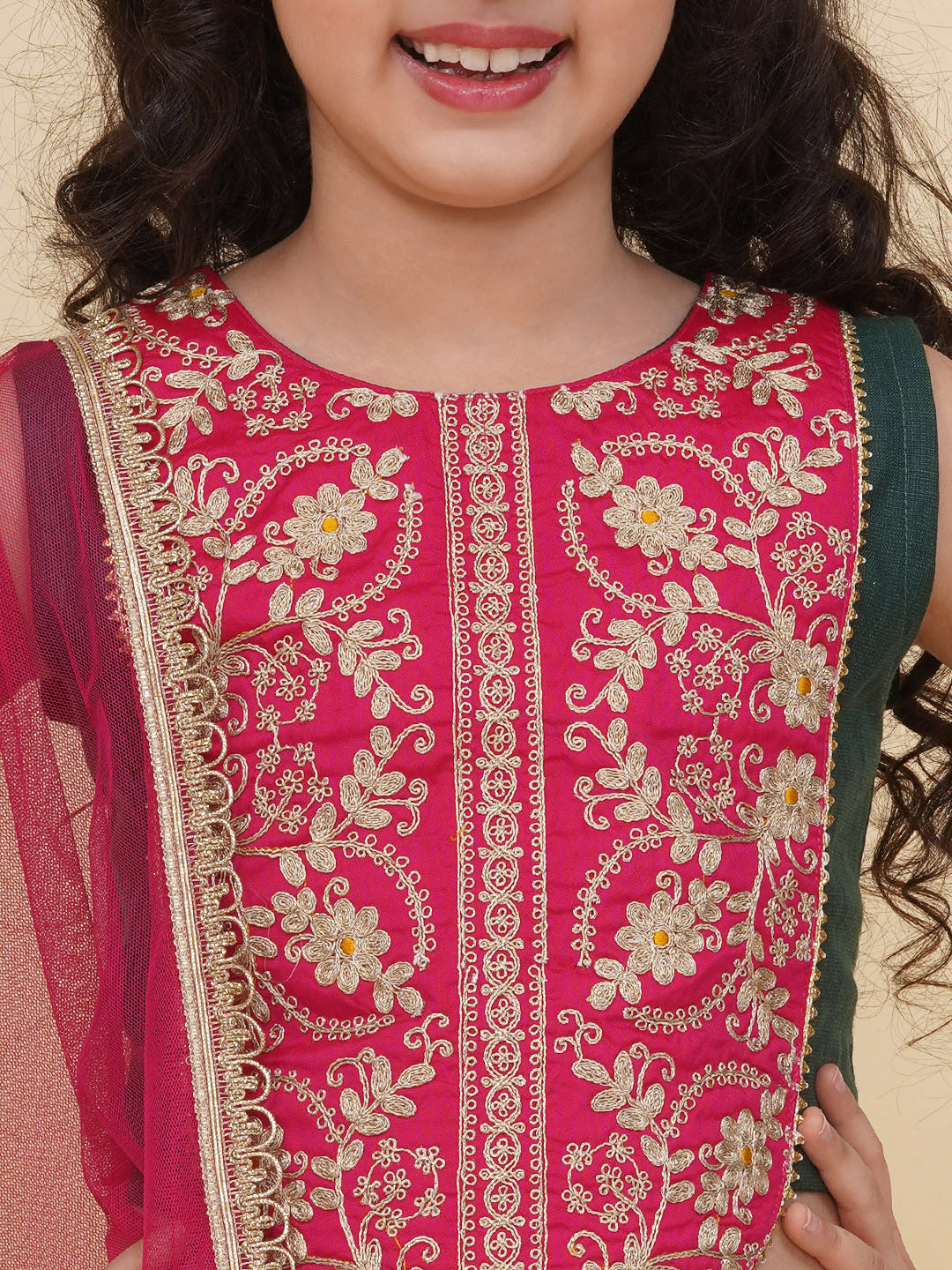 girls pink embroidered choli green ready to wear lehenga with dupatta