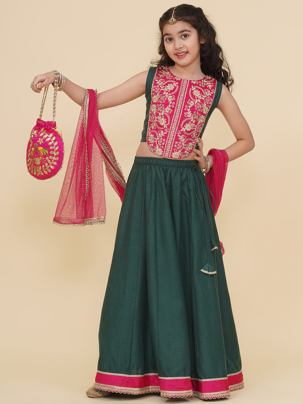 girls pink embroidered choli green ready to wear lehenga with dupatta