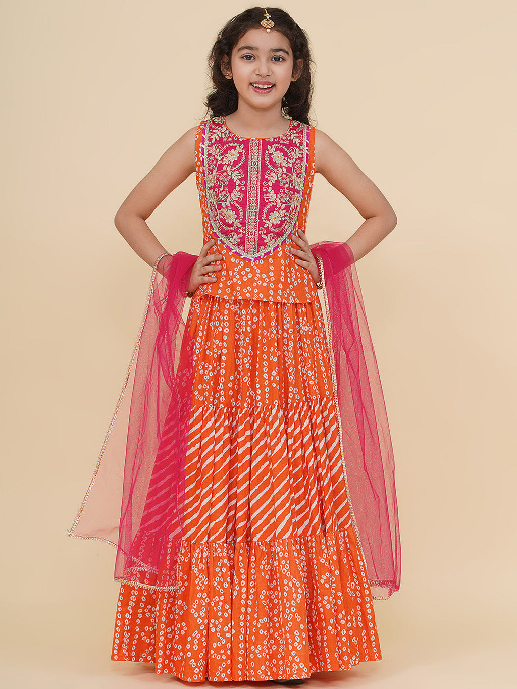 girls pink embroidered choli orange bandhej leheriya ready to wear lehenga with dupatta