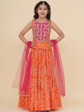 girls pink embroidered choli orange bandhej leheriya ready to wear lehenga with dupatta