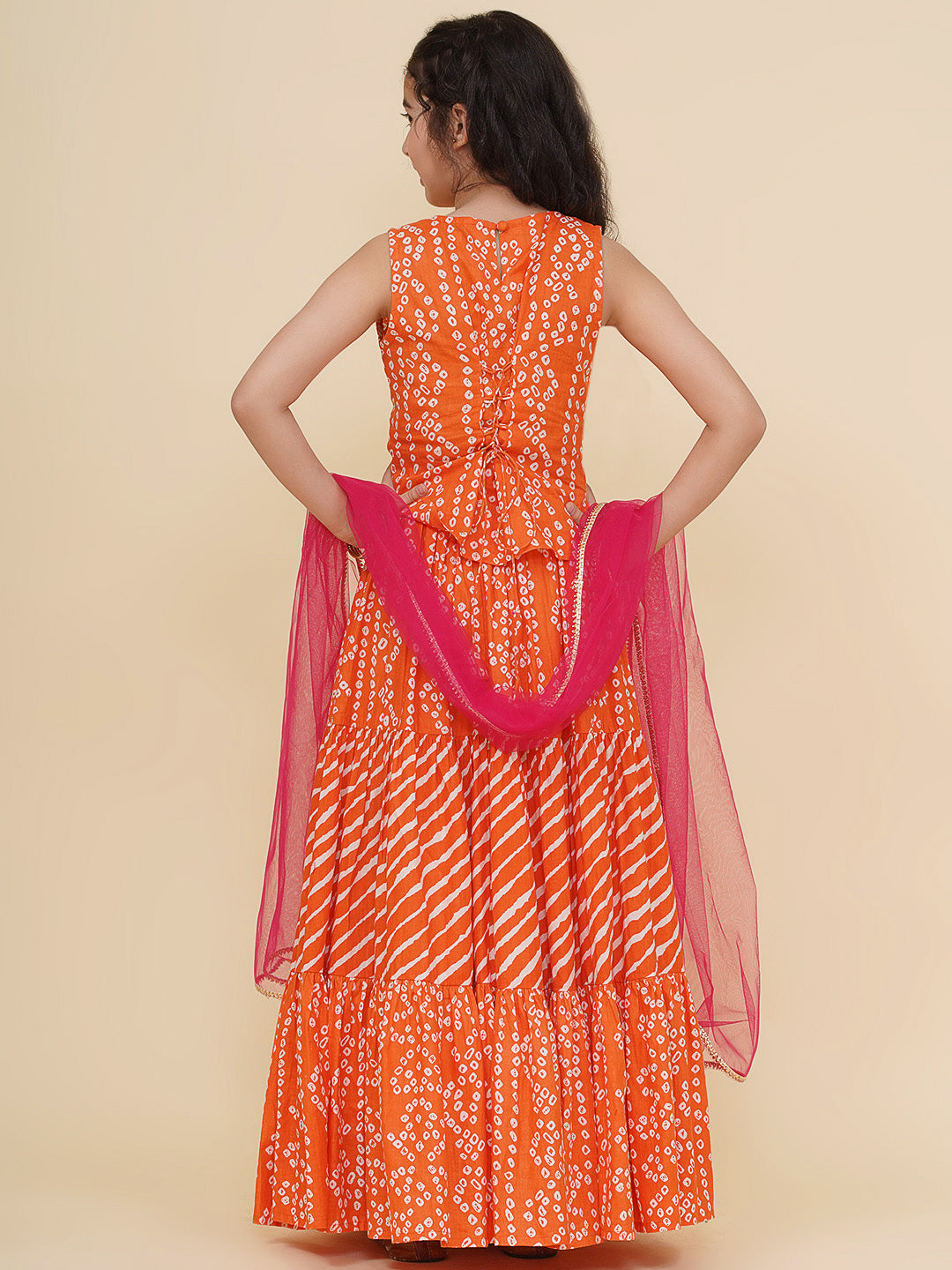 girls pink embroidered choli orange bandhej leheriya ready to wear lehenga with dupatta