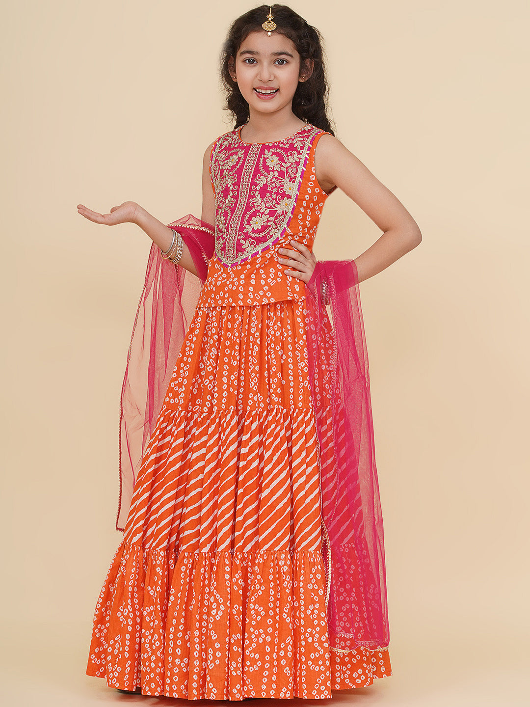 girls pink embroidered choli orange bandhej leheriya ready to wear lehenga with dupatta