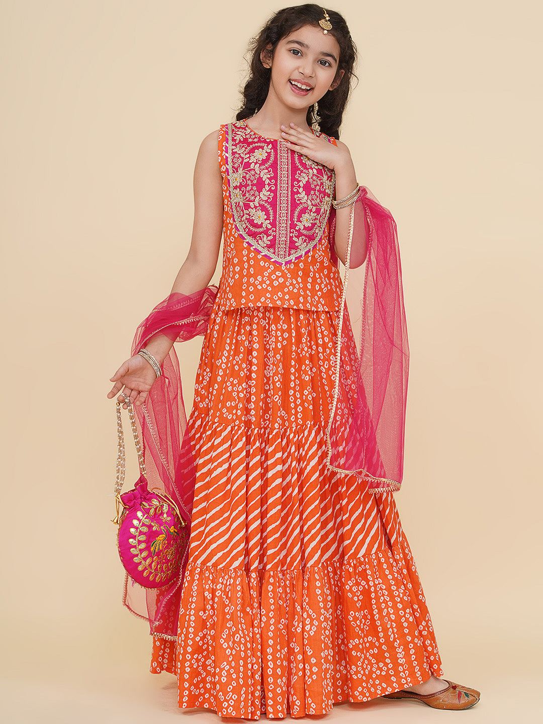 girls pink embroidered choli orange bandhej leheriya ready to wear lehenga with dupatta