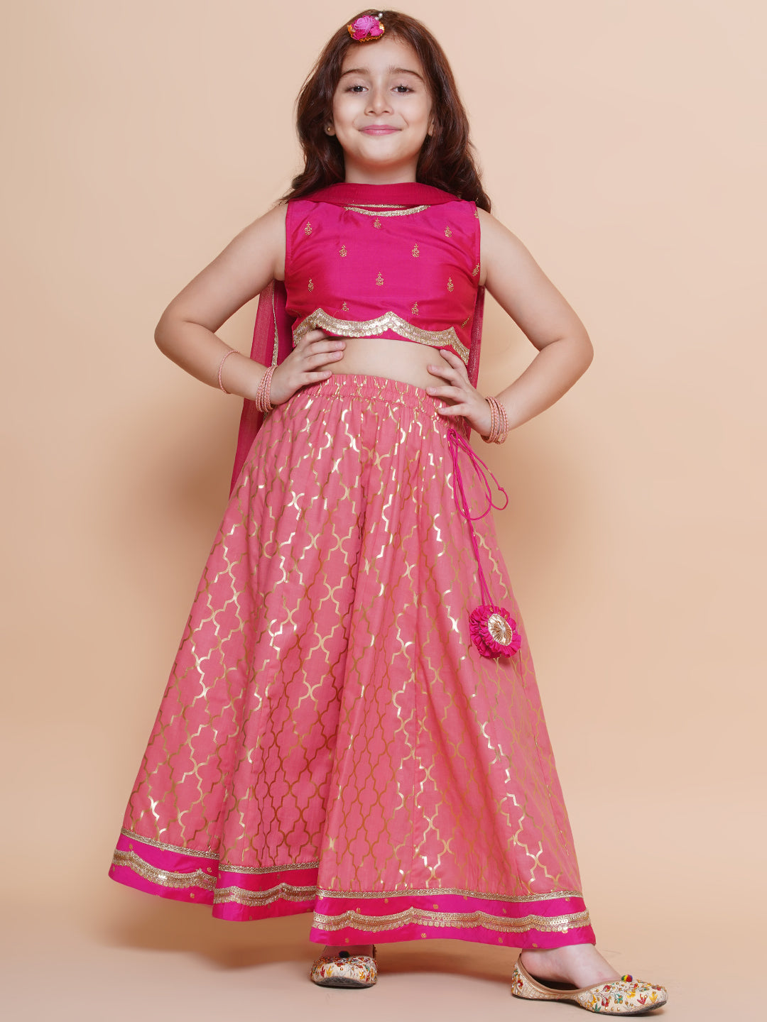 girls pink embroidered choli peach jaal foil printed lehenga with dupatta