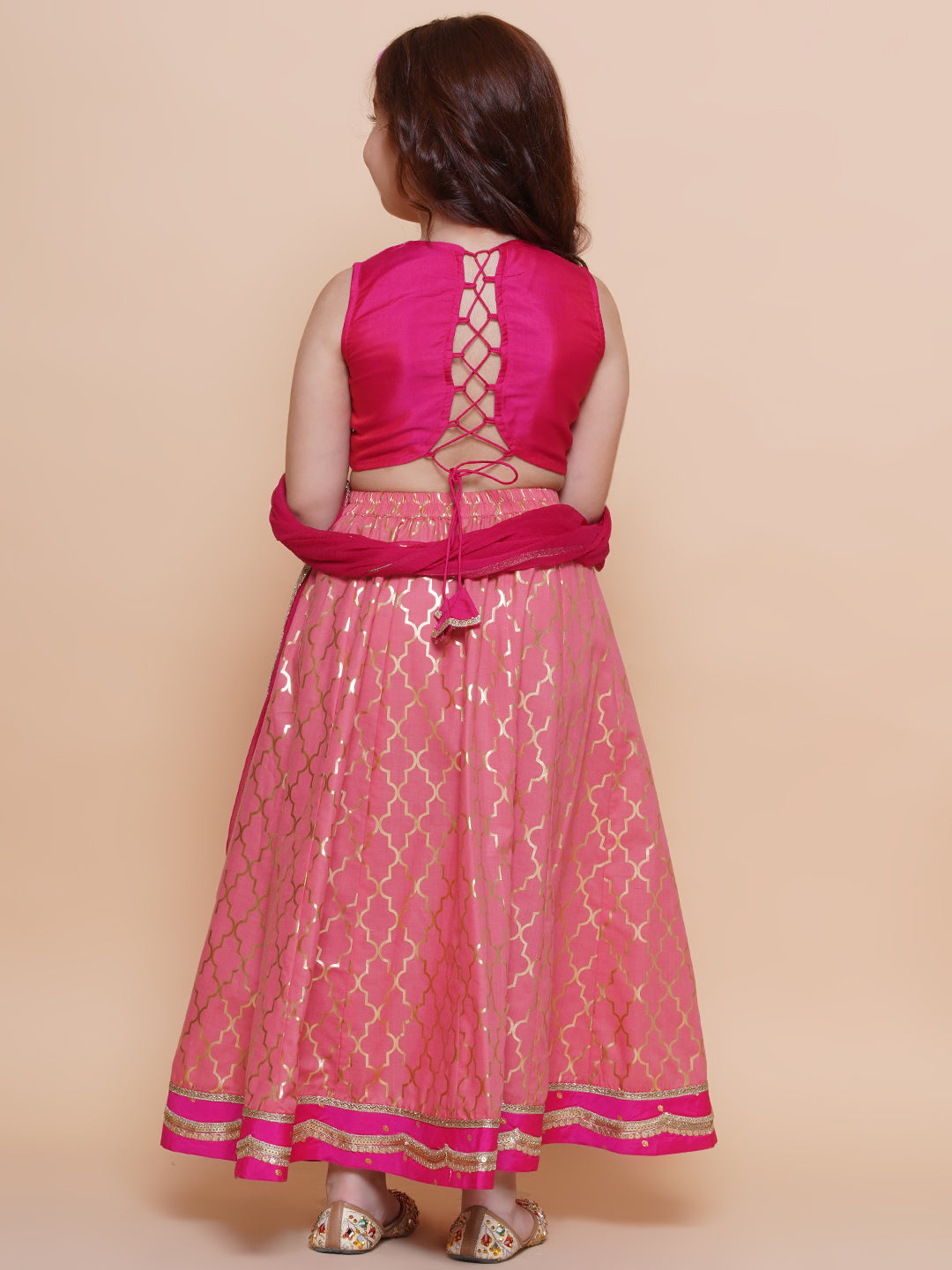 girls pink embroidered choli peach jaal foil printed lehenga with dupatta
