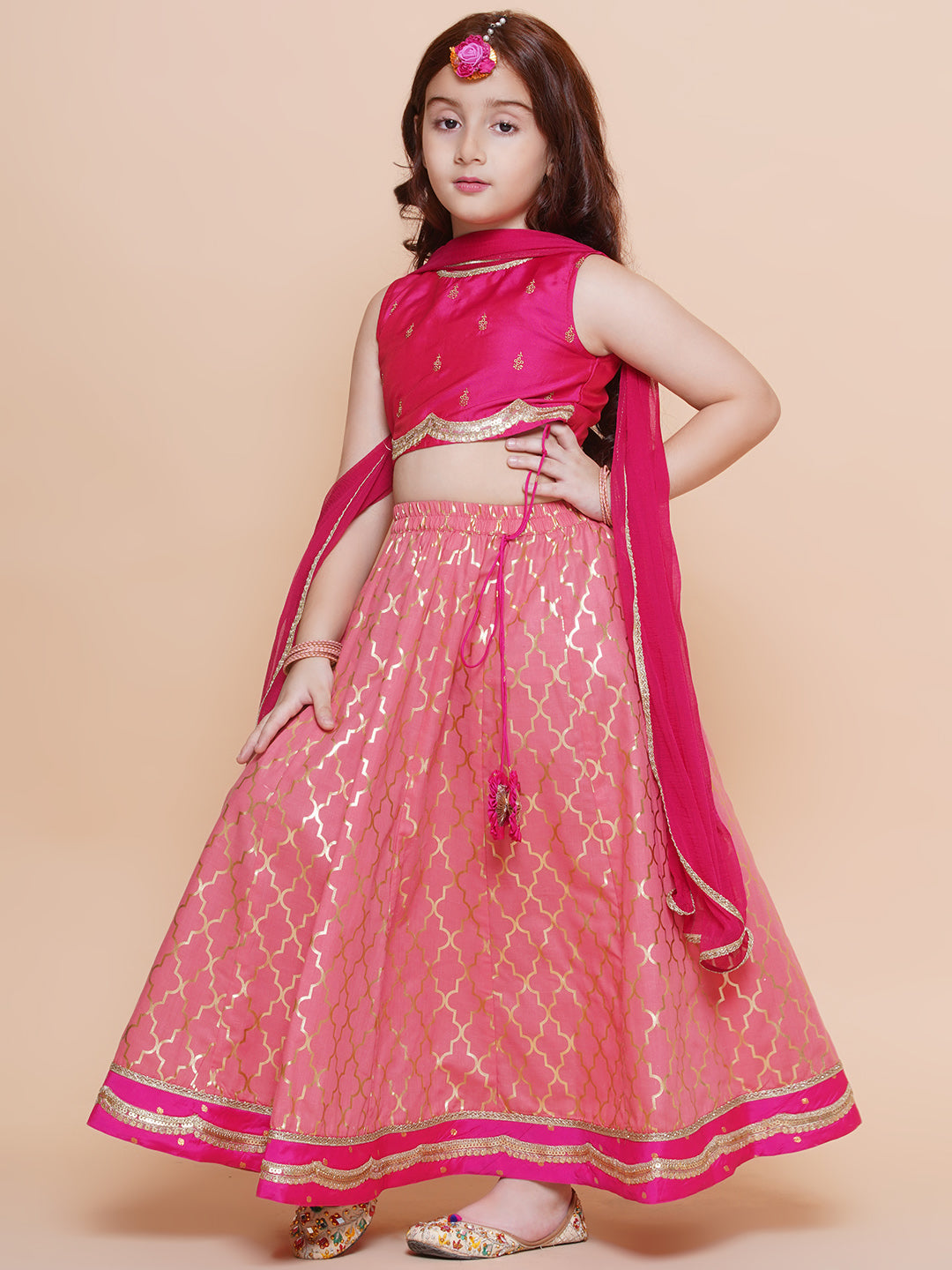 girls pink embroidered choli peach jaal foil printed lehenga with dupatta