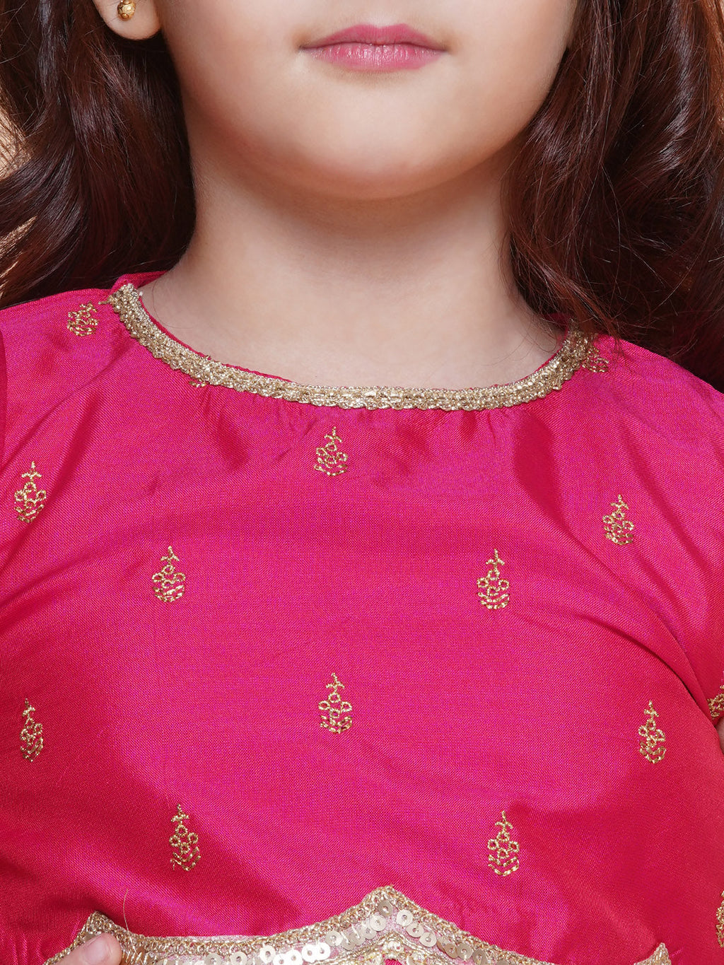 girls pink embroidered choli peach jaal foil printed lehenga with dupatta