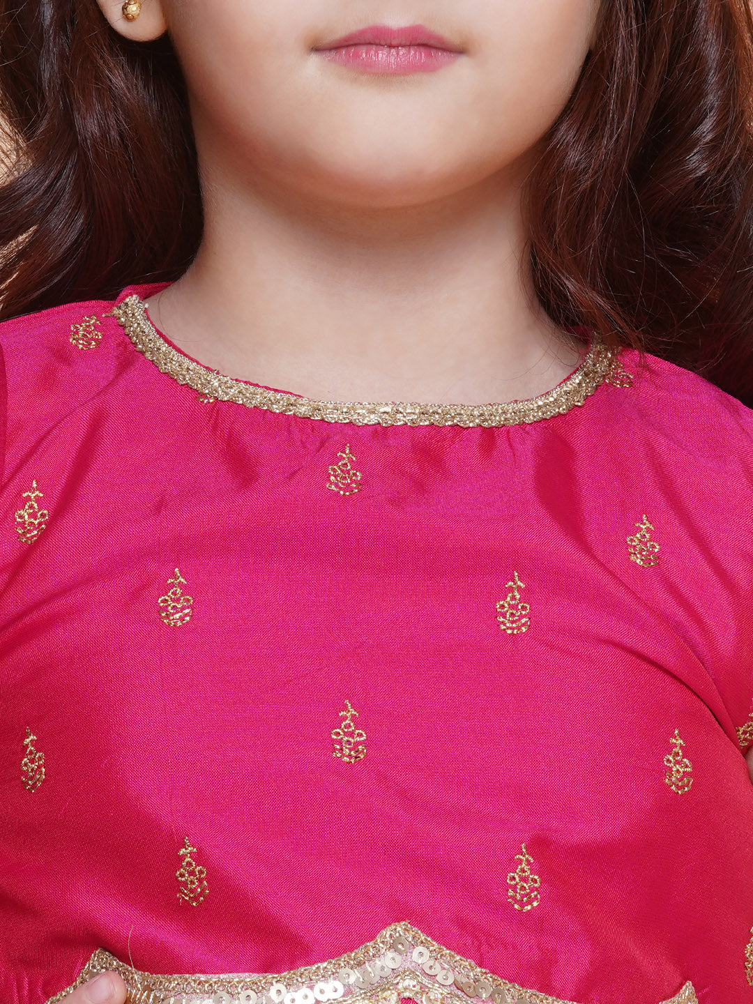 girls pink embroidered choli peach jaal foil printed lehenga with dupatta