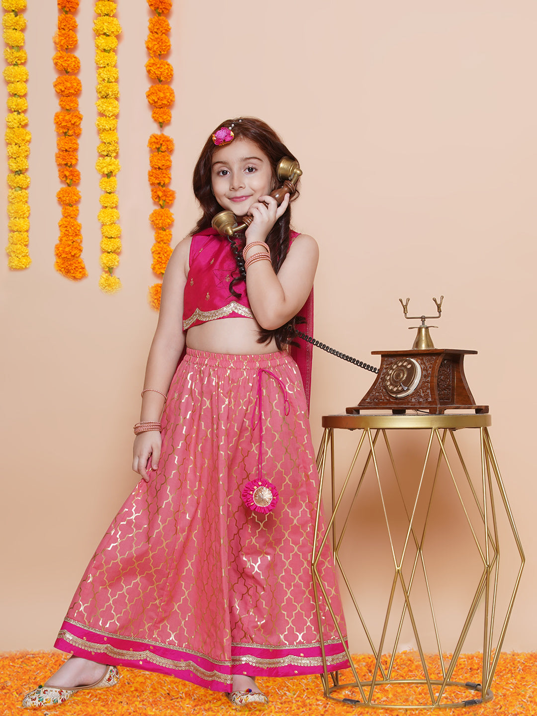 girls pink embroidered choli peach jaal foil printed lehenga with dupatta