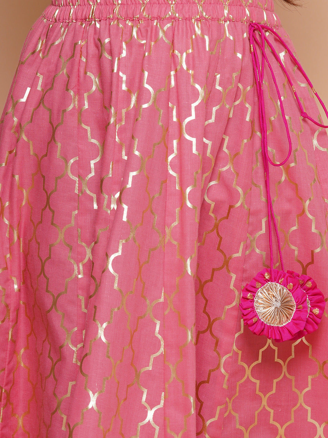girls pink embroidered choli peach jaal foil printed lehenga with dupatta
