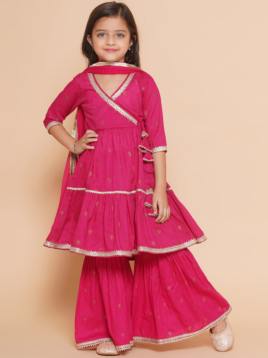 girls pink ethnic motifs printed angrakha gotta patti kurta with sharara dupatta
