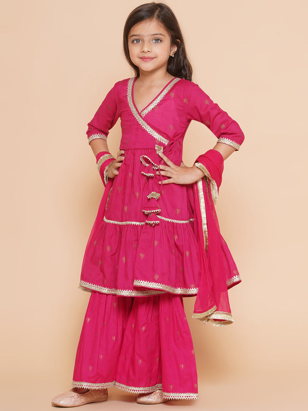 girls pink ethnic motifs printed angrakha gotta patti kurta with sharara dupatta