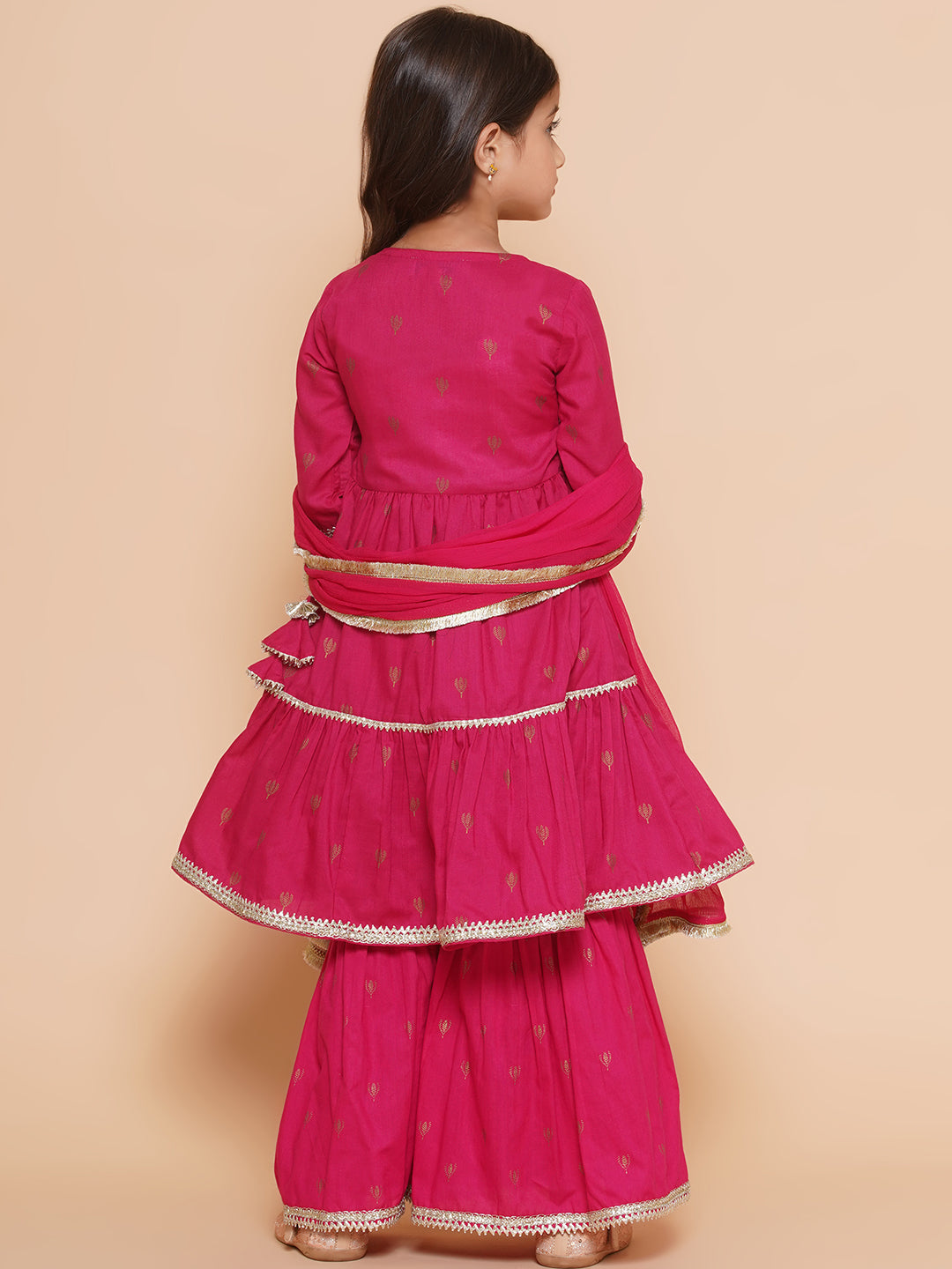 girls pink ethnic motifs printed angrakha gotta patti kurta with sharara dupatta
