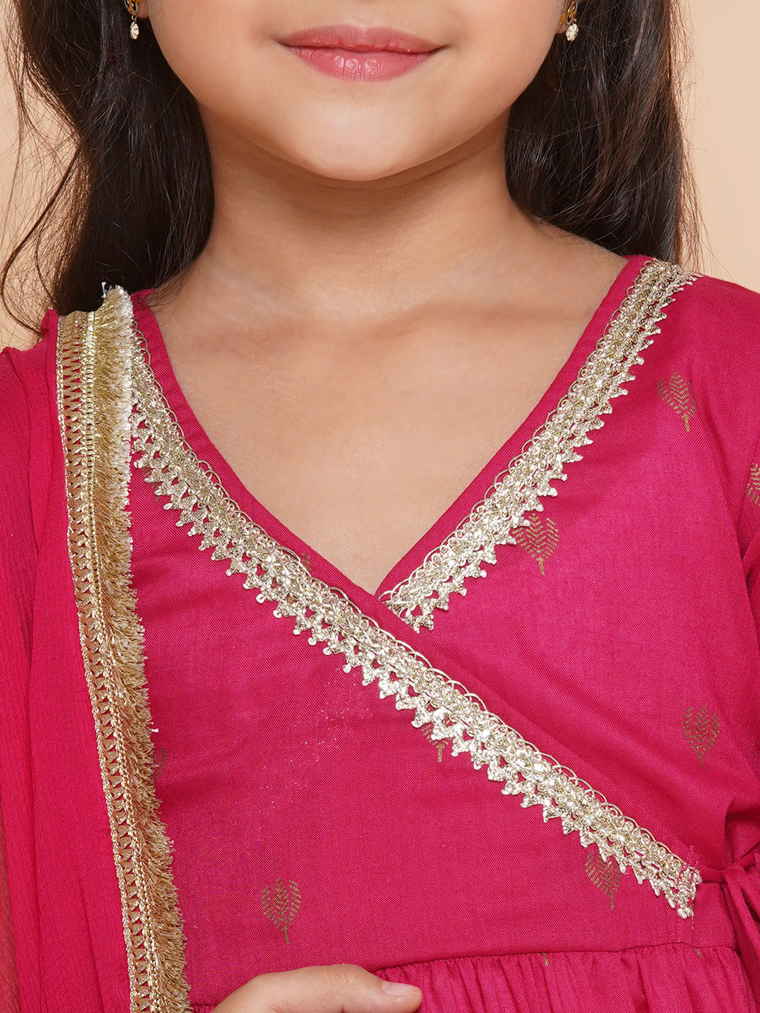 girls pink ethnic motifs printed angrakha gotta patti kurta with sharara dupatta