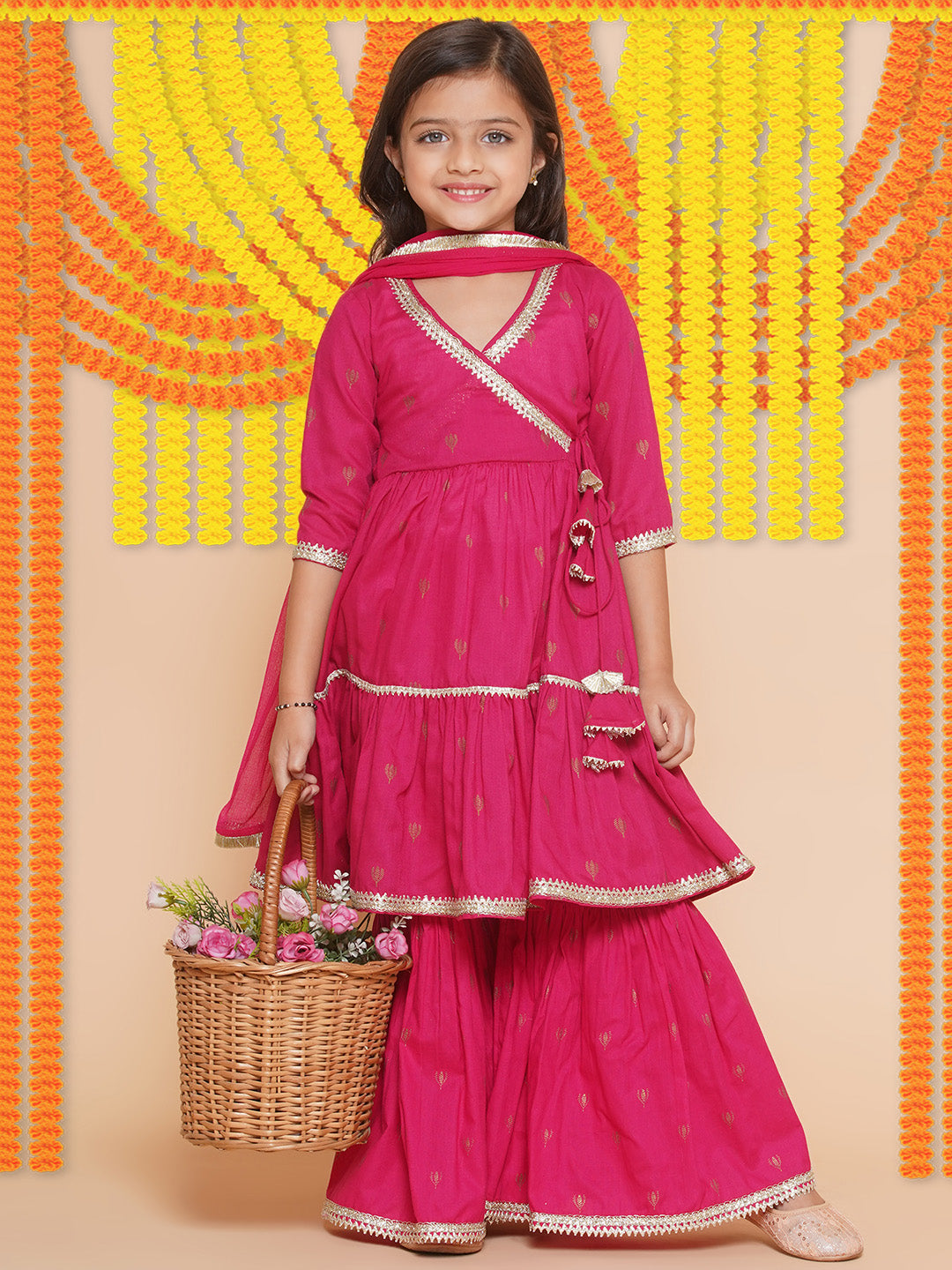 girls pink ethnic motifs printed angrakha gotta patti kurta with sharara dupatta