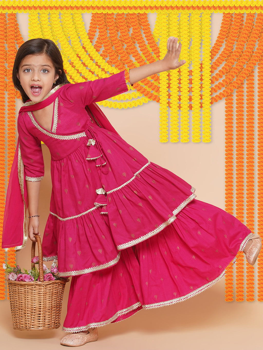 girls pink ethnic motifs printed angrakha gotta patti kurta with sharara dupatta