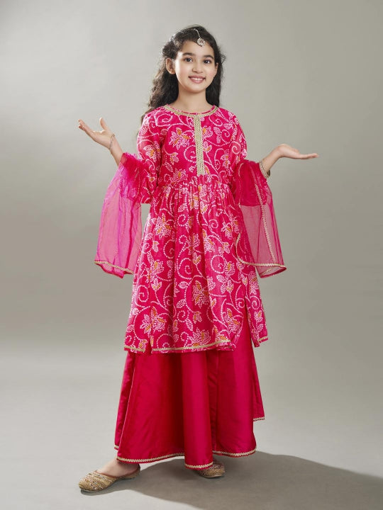 girls pink ethnic motifs printed kurta with palazzos with dupatta
