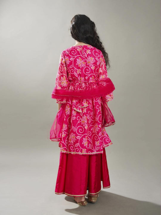 girls pink ethnic motifs printed kurta with palazzos with dupatta