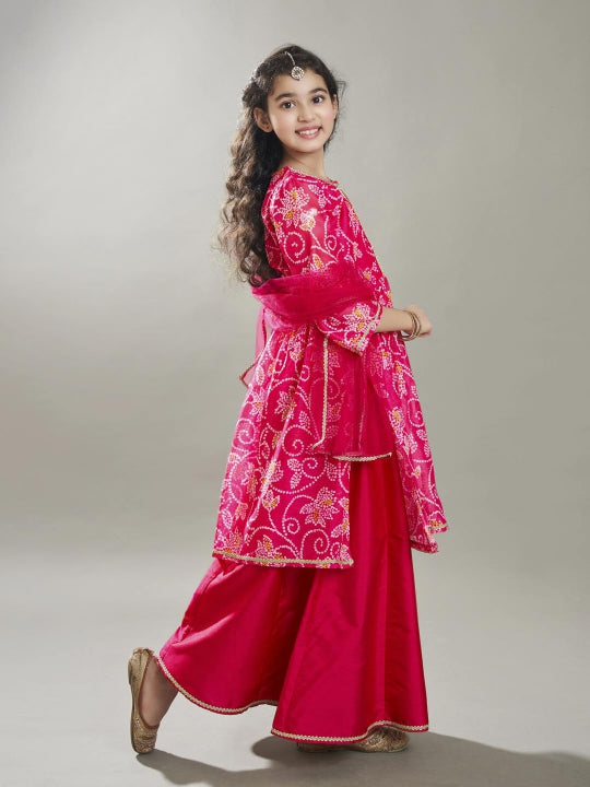 girls pink ethnic motifs printed kurta with palazzos with dupatta
