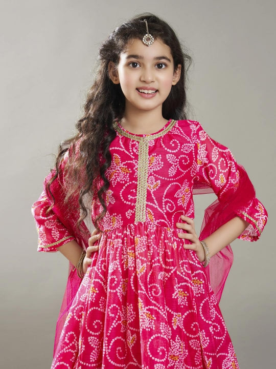 girls pink ethnic motifs printed kurta with palazzos with dupatta