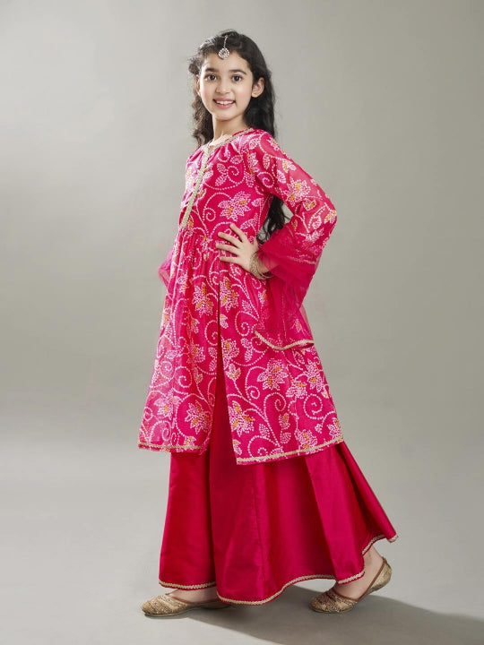 girls pink ethnic motifs printed kurta with palazzos with dupatta