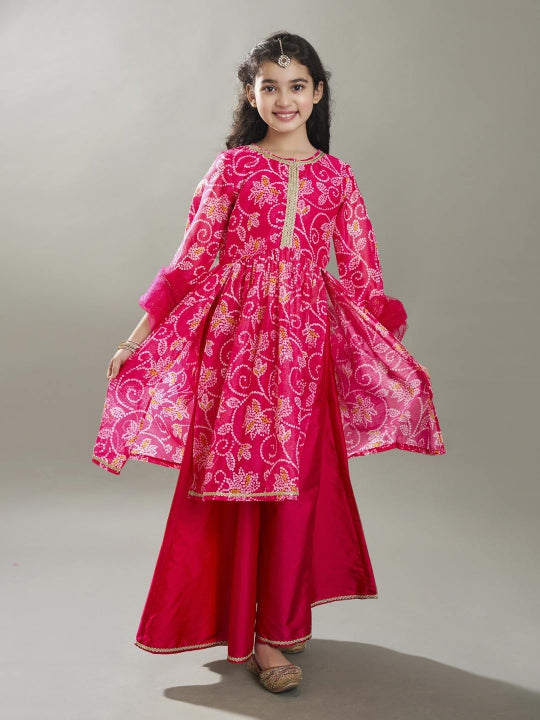 girls pink ethnic motifs printed kurta with palazzos with dupatta