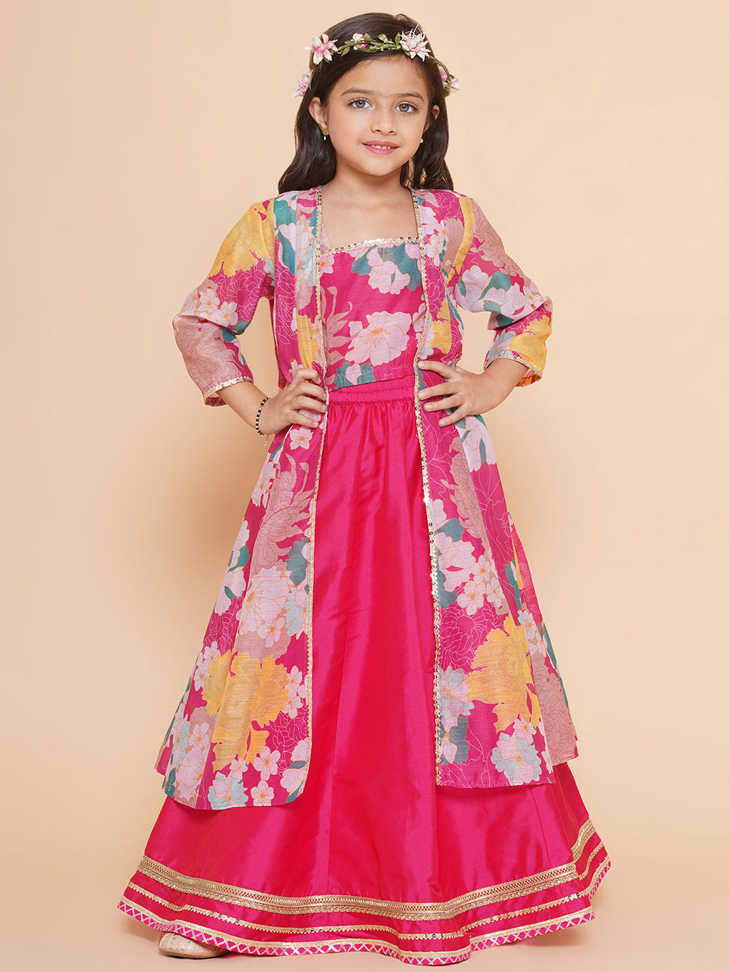 girls pink floral print top shrug with ready to wear skirts