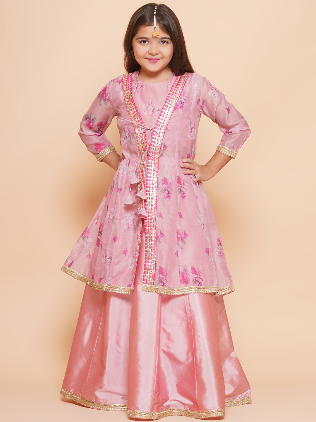girls pink floral printed ready to wear lehenga blouse with shrug