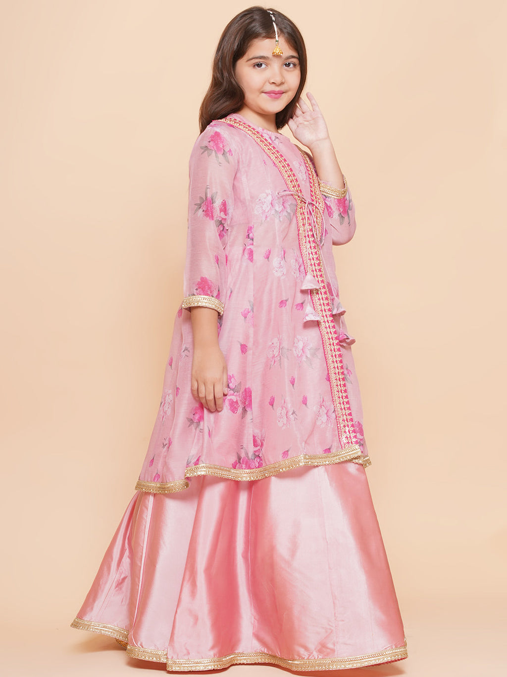 girls pink floral printed ready to wear lehenga blouse with shrug