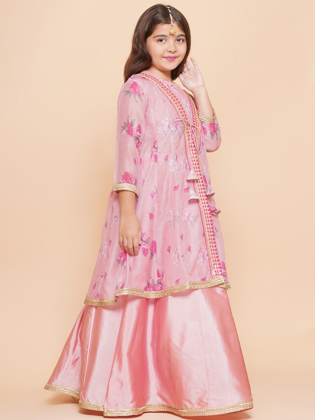girls pink floral printed ready to wear lehenga blouse with shrug