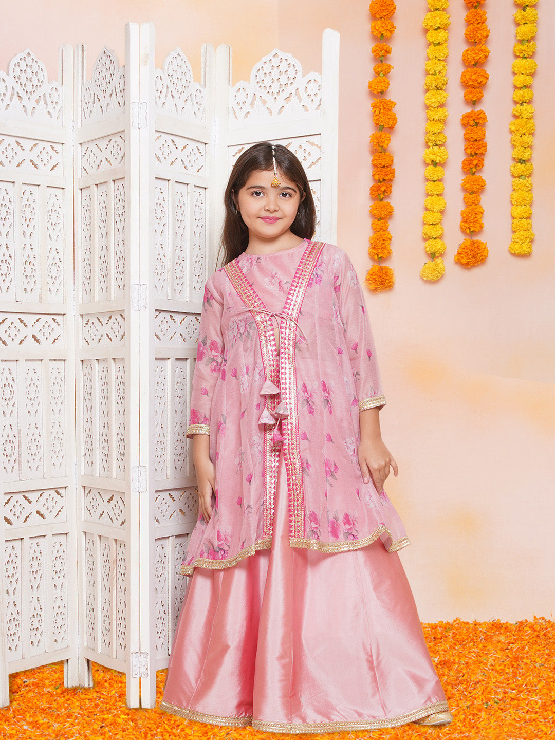 girls pink floral printed ready to wear lehenga blouse with shrug