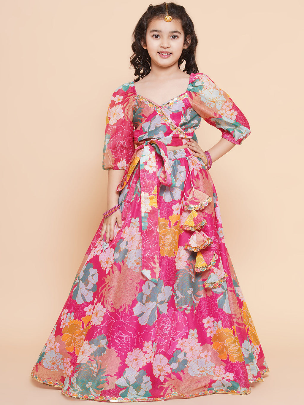 girls pink flower digital multi print lace work choli with ready to wear lehenga