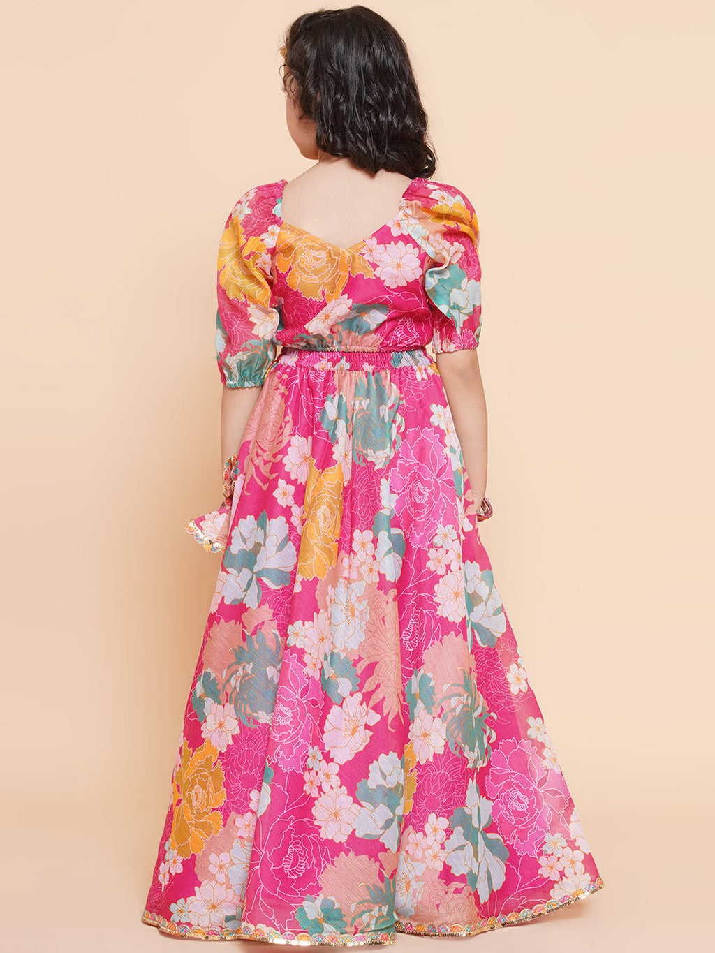 girls pink flower digital multi print lace work choli with ready to wear lehenga