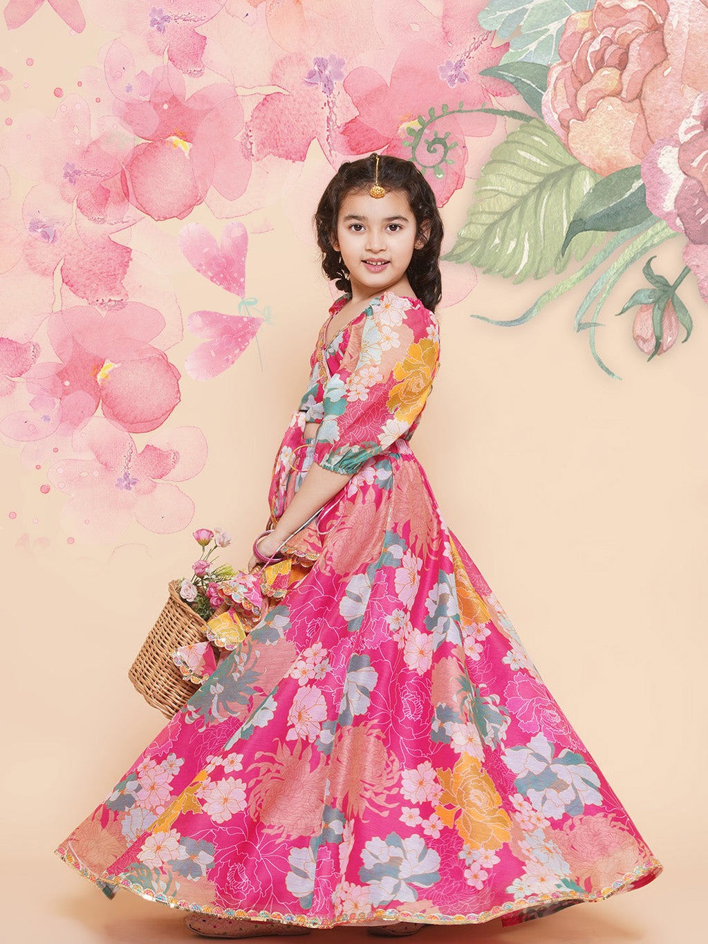 girls pink flower digital multi print lace work choli with ready to wear lehenga