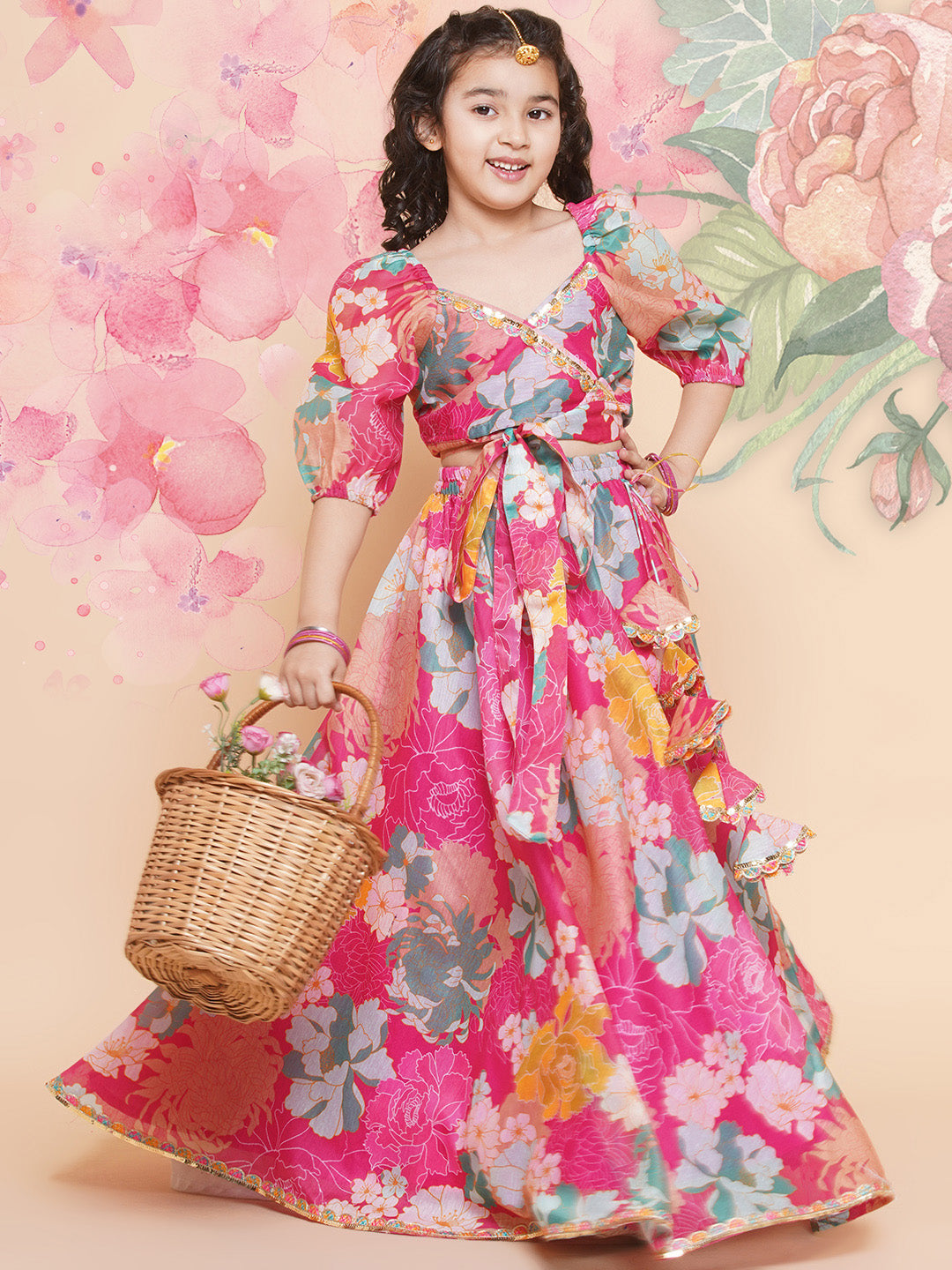 girls pink flower digital multi print lace work choli with ready to wear lehenga