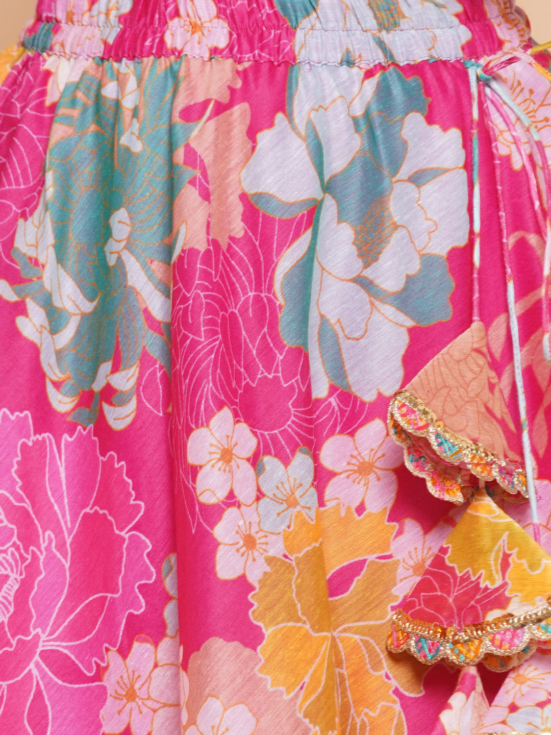girls pink flower digital multi print lace work choli with ready to wear lehenga