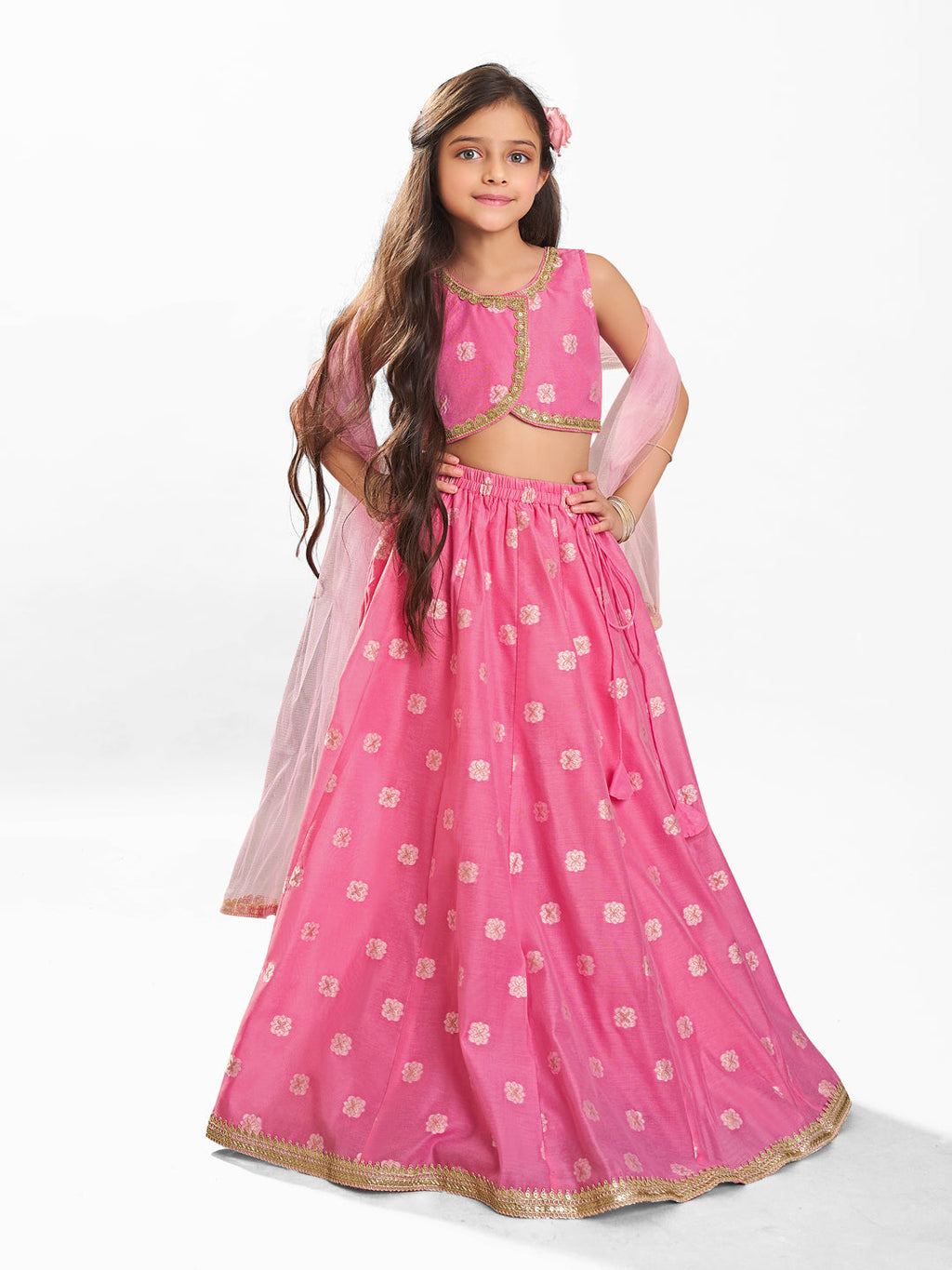 girls pink jacquard booti ready to wear lehenga choli with dupatta