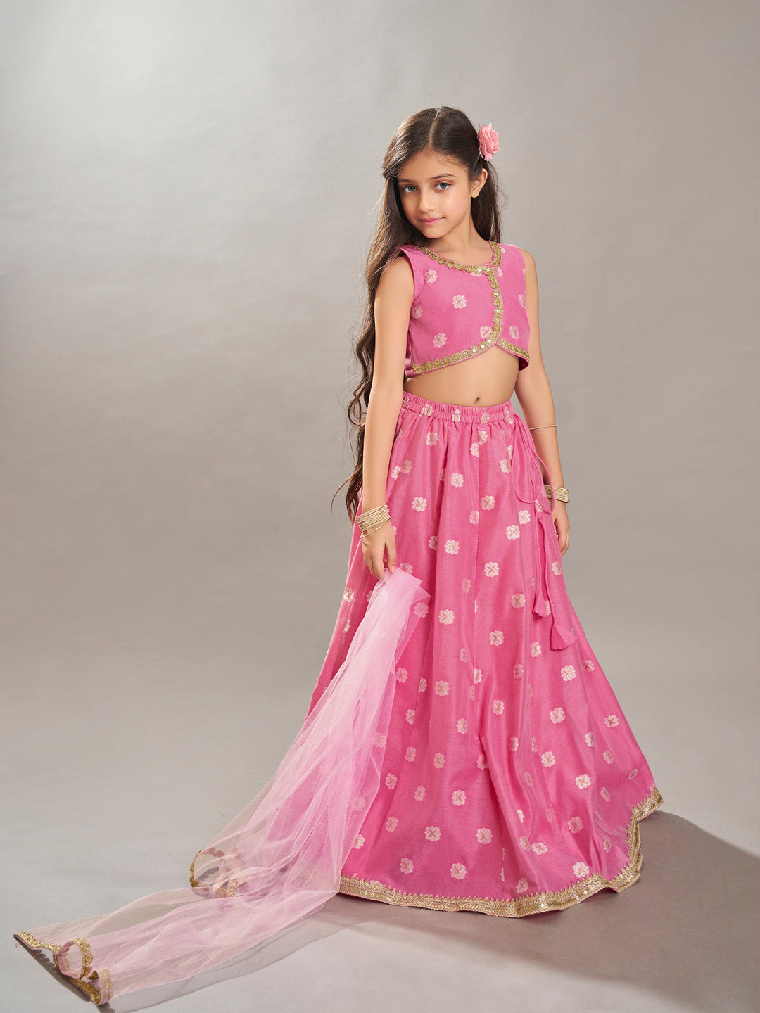 girls pink jacquard booti ready to wear lehenga choli with dupatta