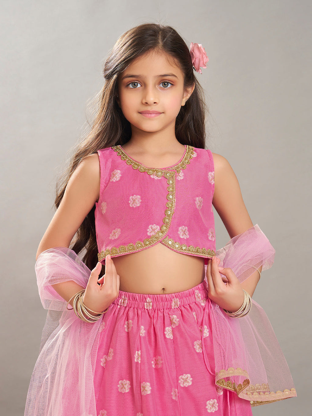 girls pink jacquard booti ready to wear lehenga choli with dupatta