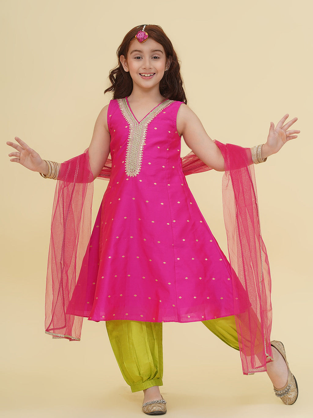 girls pink self design kurta with afgani salwar with dupatta