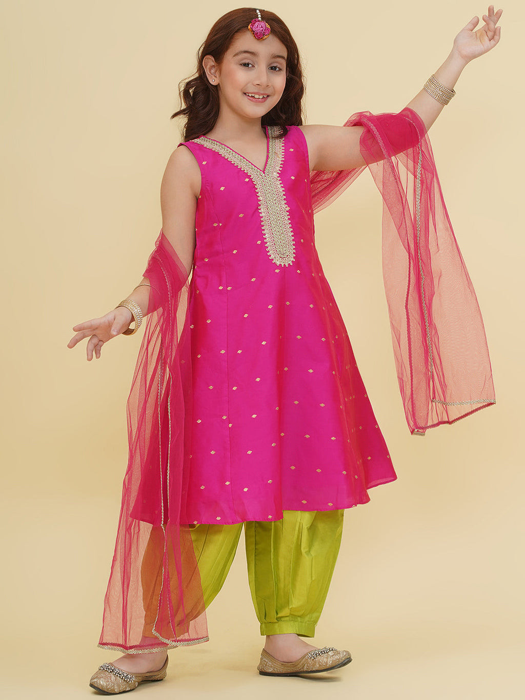 girls pink self design kurta with afgani salwar with dupatta