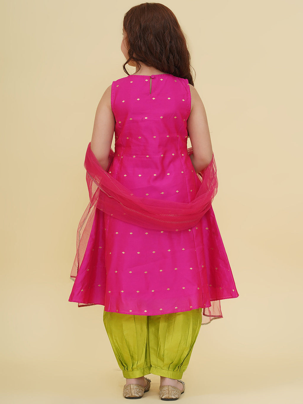 girls pink self design kurta with afgani salwar with dupatta