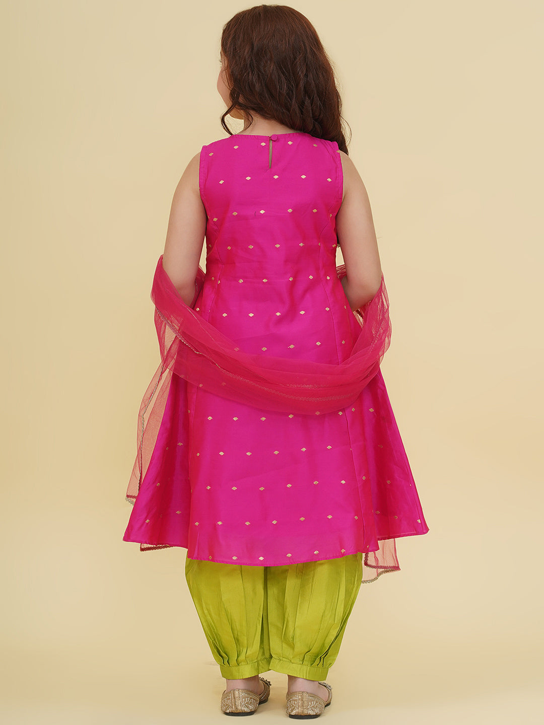 girls pink self design kurta with afgani salwar with dupatta