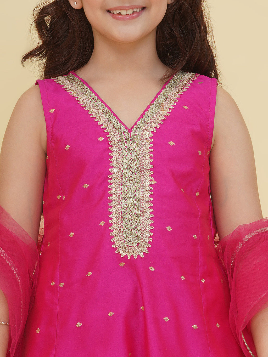 girls pink self design kurta with afgani salwar with dupatta