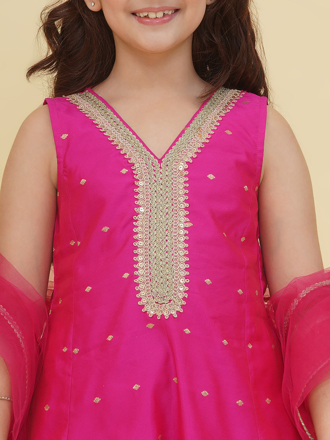 girls pink self design kurta with afgani salwar with dupatta