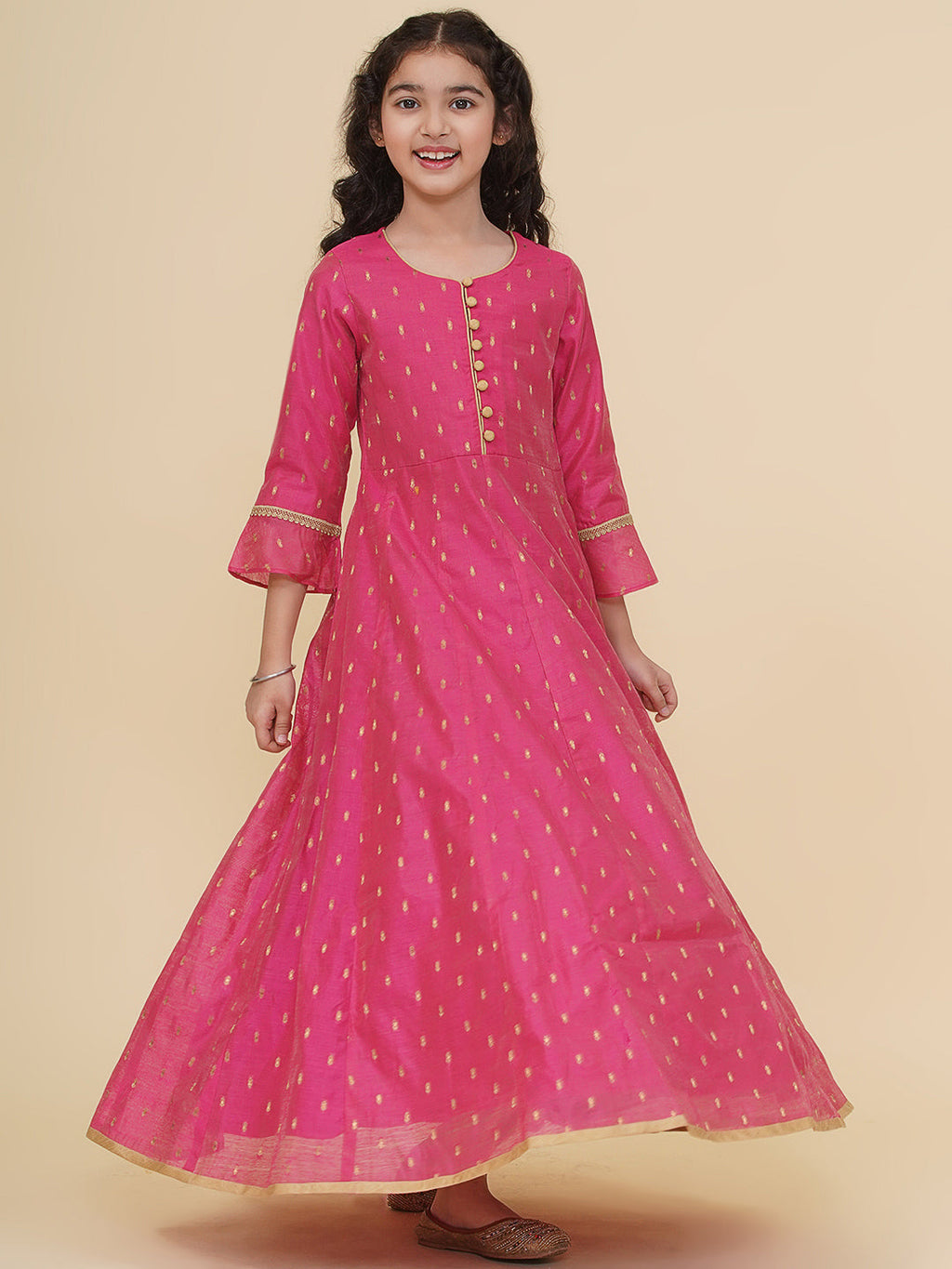 girls pink woven design maxi dress