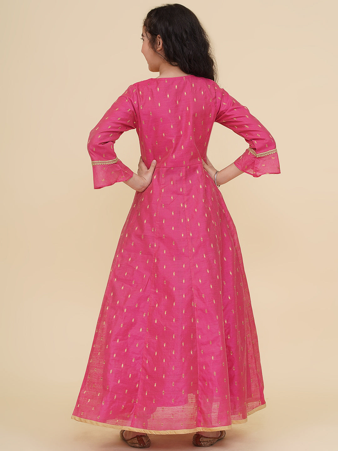 girls pink woven design maxi dress