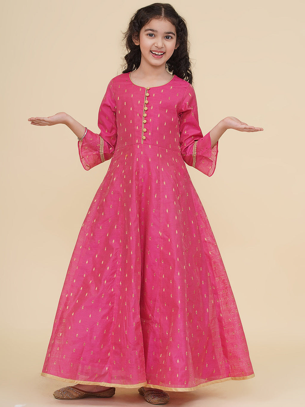 girls pink woven design maxi dress