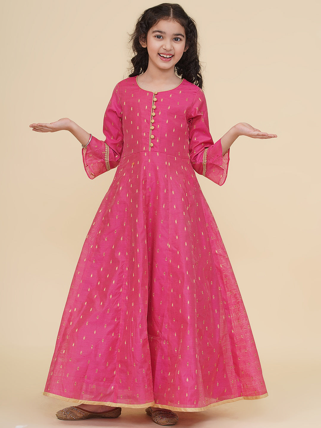 girls pink woven design maxi dress